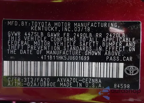 2018 Toyota Camry Le from USA, damaged, VIN 4T1B11HK5JU601699